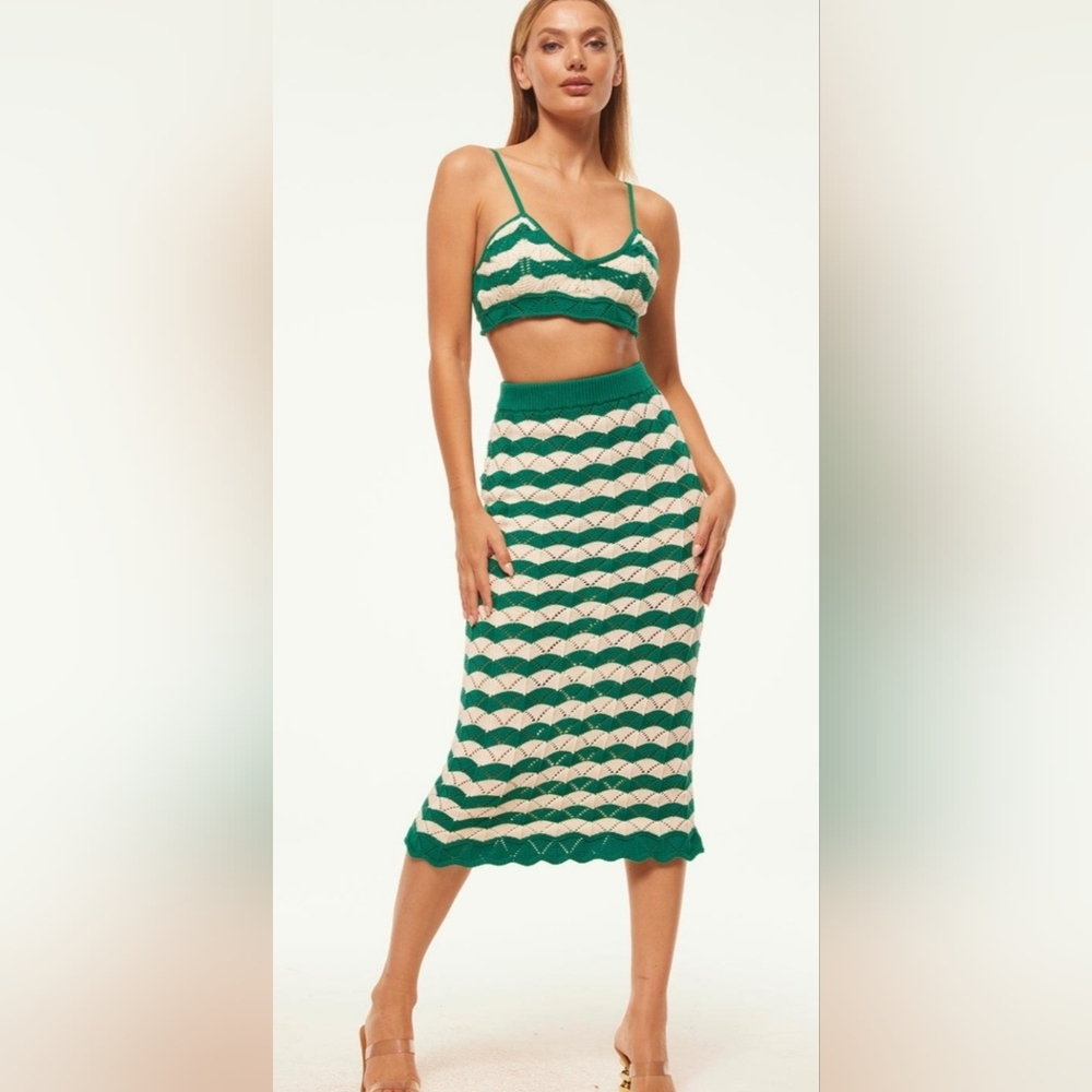 Misa Los Angeles Melina Emerald & Cream Pencil Knit Skirt